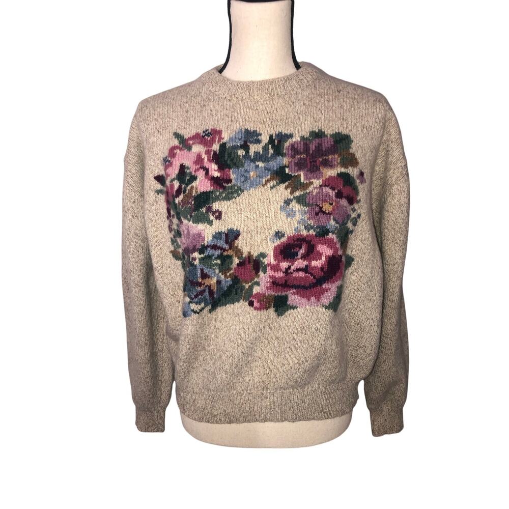 Eddie Bauer Wool Blend Floral Wreath Crewneck Sweater Size S M Vintage 90s 80s